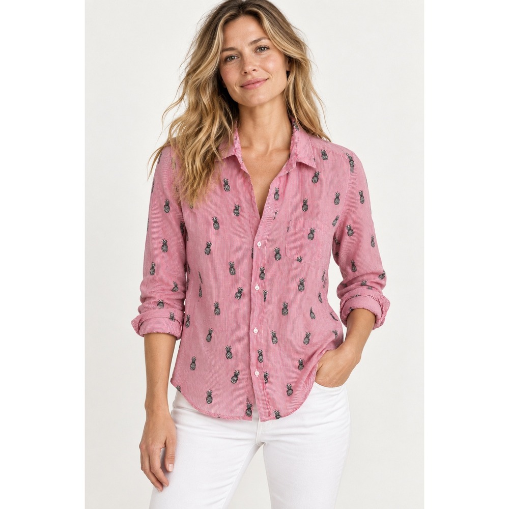 Frank & Eileen Barry 100% Linen Shirt Womens M Pink Stripe Pineapple Button Down